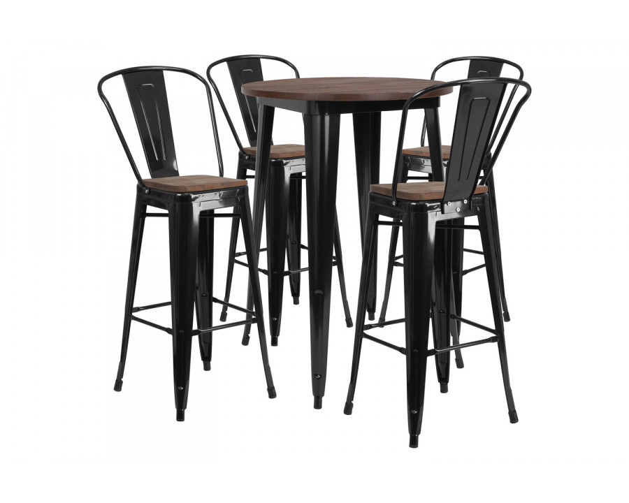 BLNK Bailey Round Metal Bar Table Set with Wood Top and 4 Stools