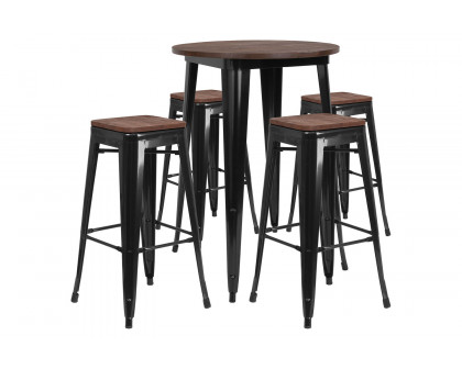 BLNK Bailey Round Metal Bar Table Set with Wood Top and 4 Backless Stools