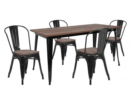 BLNK Bailey Metal Table Set with Wood Top and 4 Stack Chairs - Black