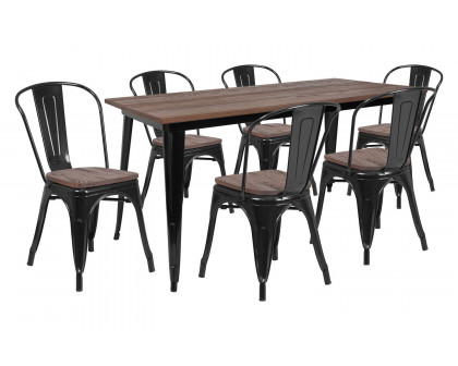 BLNK Bailey Metal Table Set with Wood Top and 6 Stack Chairs