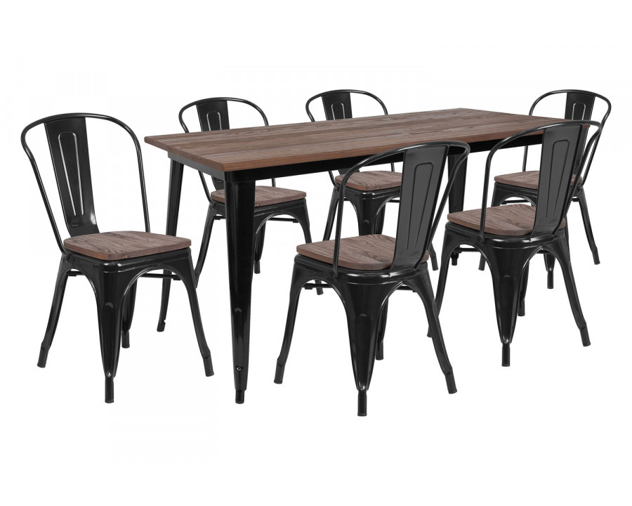 BLNK Bailey Metal Table Set with Wood Top and 6 Stack Chairs - Black