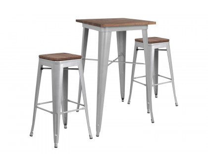 BLNK Bailey Square Metal Bar Table Set with Wood Top and 2 Backless Stools