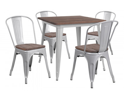 BLNK Bailey Square Metal Table Set with Wood Top and 4 Stack Chairs