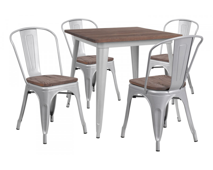 BLNK Bailey Square Metal Table Set with Wood Top and 4 Stack Chairs - Silver