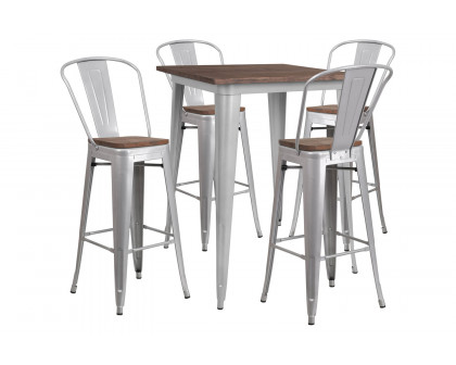 BLNK Bailey Square Metal Bar Table Set with Wood Top and 4 Stools