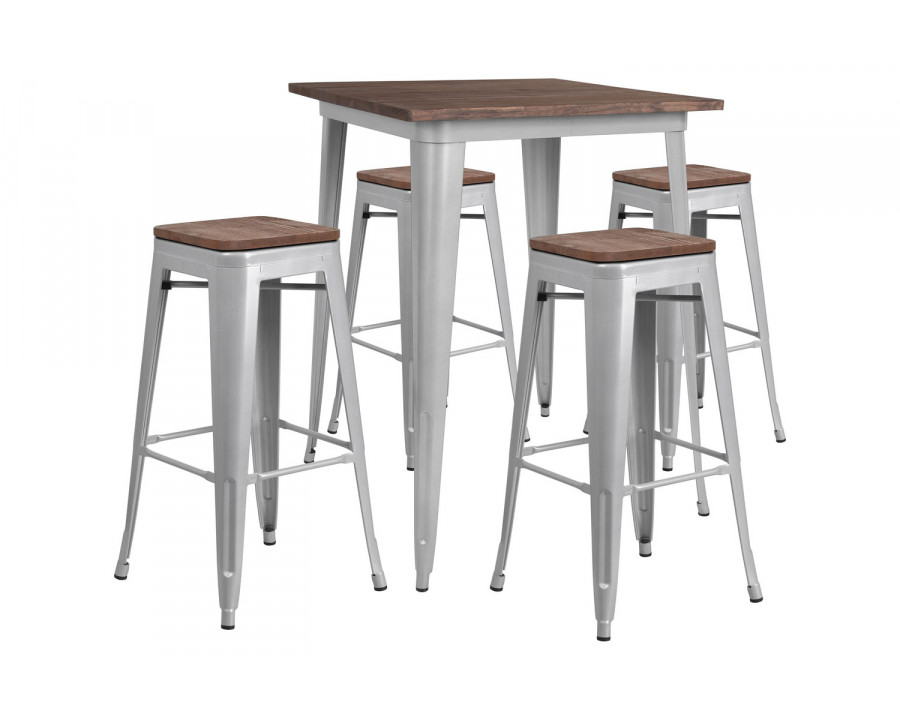 BLNK Bailey Square Metal Bar Table Set with Wood Top and 4 Backless Stools