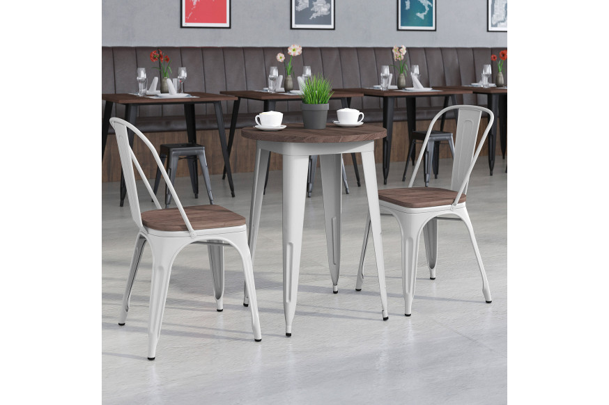 BLNK™ Bailey Round Metal Table Set with Wood Top and 2 Stack Chairs - Silver