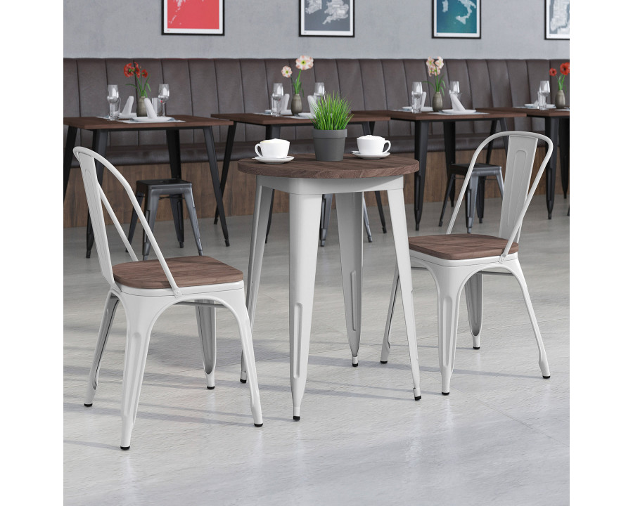 BLNK Bailey Round Metal Table Set with Wood Top and 2 Stack Chairs - Silver