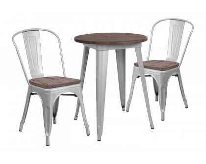 BLNK™ Bailey Round Metal Table Set with Wood Top and 2 Stack Chairs - Silver