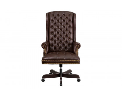 BLNK Turner LeatherSoft High-Back Traditional Fully Tufted Executive Swivel Ergonomic Office Chair with Arms - Brown