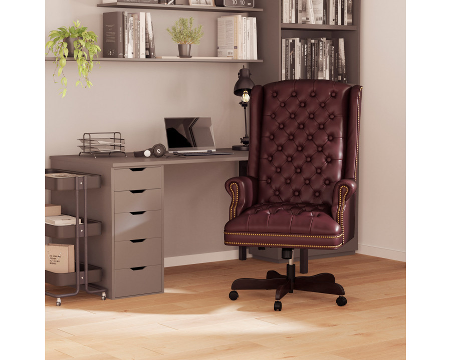 BLNK Turner LeatherSoft High-Back Traditional Fully Tufted Executive Swivel Ergonomic Office Chair with Arms - Burgundy