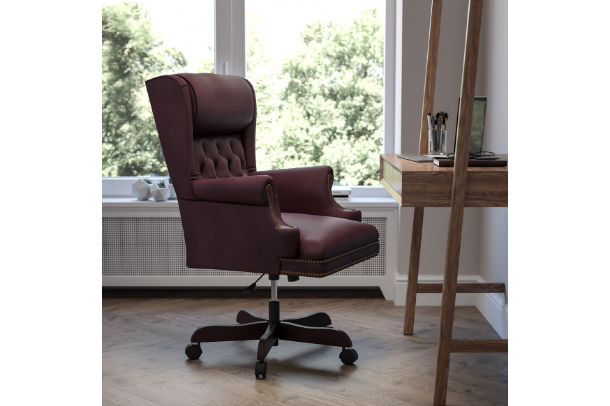 BLNK™ Ainslie LeatherSoft High-Back Traditional Tufted Executive Ergonomic Office Chair with Oversized Headrest and Nail Trim Arms - Burgundy