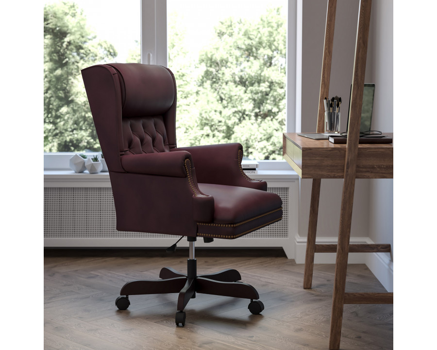 BLNK Ainslie LeatherSoft High-Back Traditional Tufted Executive Ergonomic Office Chair with Oversized Headrest and Nail Trim Arms - Burgundy