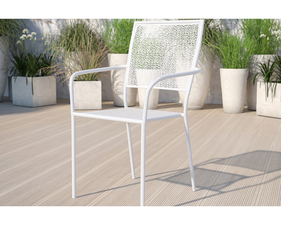 BLNK Oia Commercial Steel Indoor-Outdoor Patio Arm Chair with Square Back - White