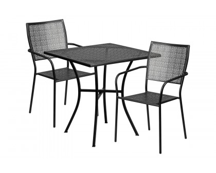 BLNK Oia Commercial Square Steel Indoor-Outdoor Patio Table Set with 2 Square Back Chairs - Black, 28"W