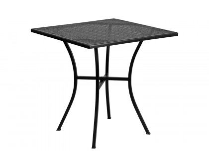 BLNK Oia Commercial Square Steel Indoor-Outdoor Patio Table Set with 2 Square Back Chairs - Black, 28"W