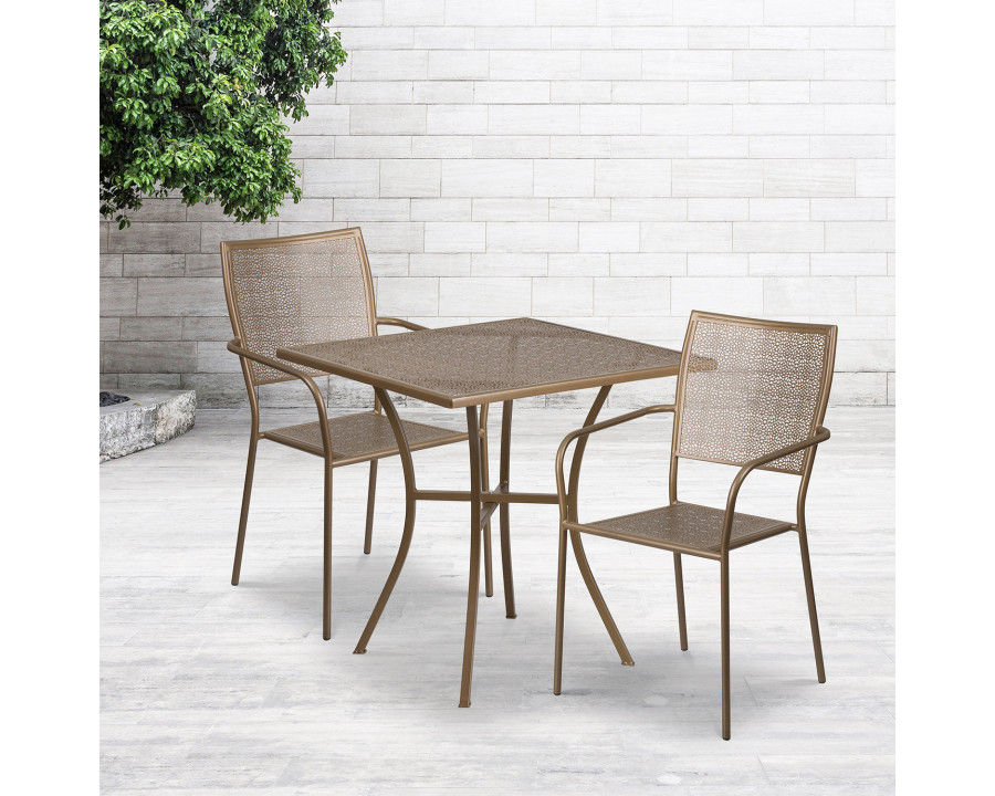 BLNK Oia Commercial Square Steel Indoor-Outdoor Patio Table Set with 2 Square Back Chairs - Gold, 28"W