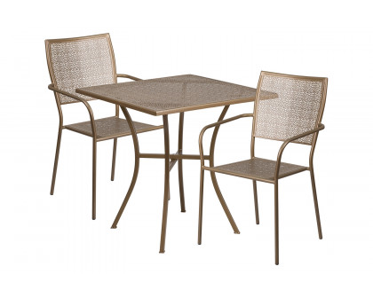 BLNK Oia Commercial Square Steel Indoor-Outdoor Patio Table Set with 2 Square Back Chairs - Gold, 28"W