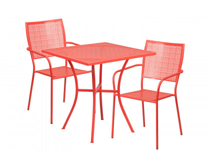 BLNK Oia Commercial Square Steel Indoor-Outdoor Patio Table Set with 2 Square Back Chairs - Coral, 28"W