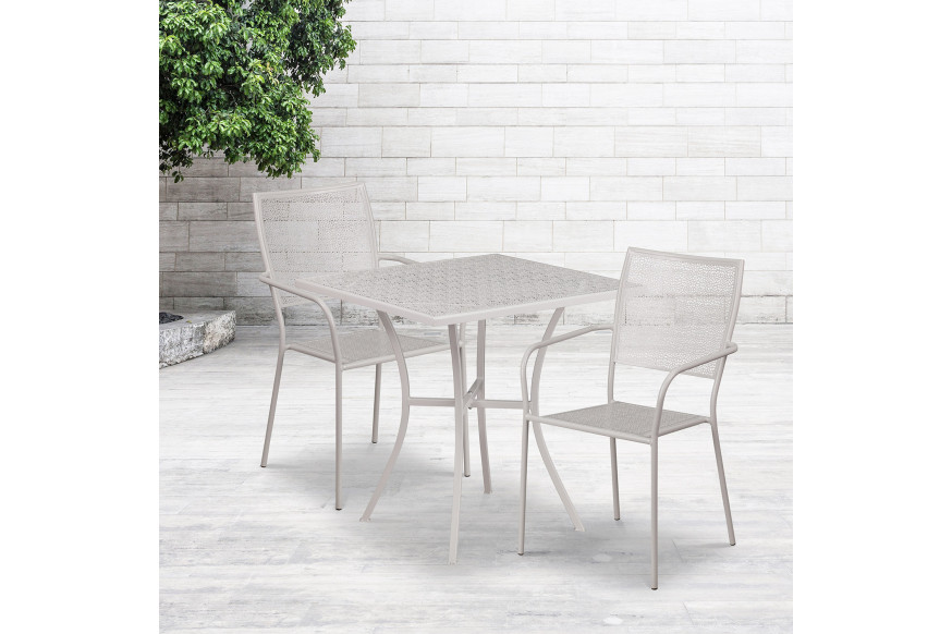 BLNK™ Oia Commercial Square Steel Indoor-Outdoor Patio Table Set with 2 Square Back Chairs - Light Gray, 28"W