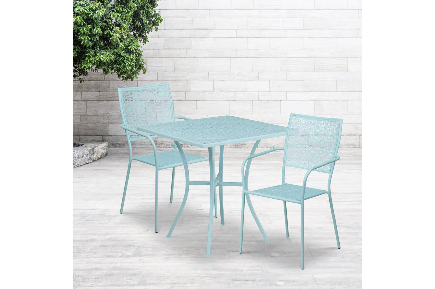 BLNK™ Oia Commercial Square Steel Indoor-Outdoor Patio Table Set with 2 Square Back Chairs - Sky Blue, 28"W