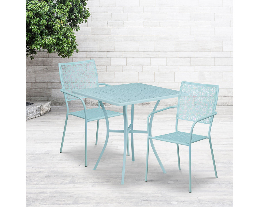 BLNK Oia Commercial Square Steel Indoor-Outdoor Patio Table Set with 2 Square Back Chairs - Sky Blue, 28"W