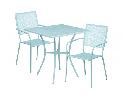 BLNK™ Oia Commercial Square Steel Indoor-Outdoor Patio Table Set with 2 Square Back Chairs - Sky Blue, 28"W