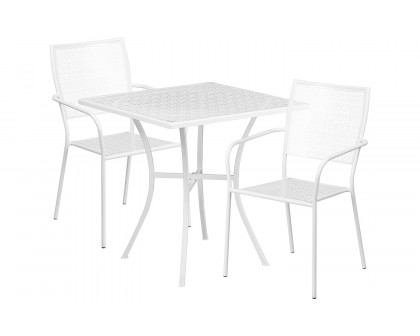 BLNK Oia Commercial Square Steel Indoor-Outdoor Patio Table Set with 2 Square Back Chairs - White, 28"W