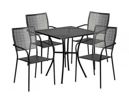 BLNK Oia Commercial Square Steel Indoor-Outdoor Patio Table Set with 4 Square Back Chairs - Black, 28"W