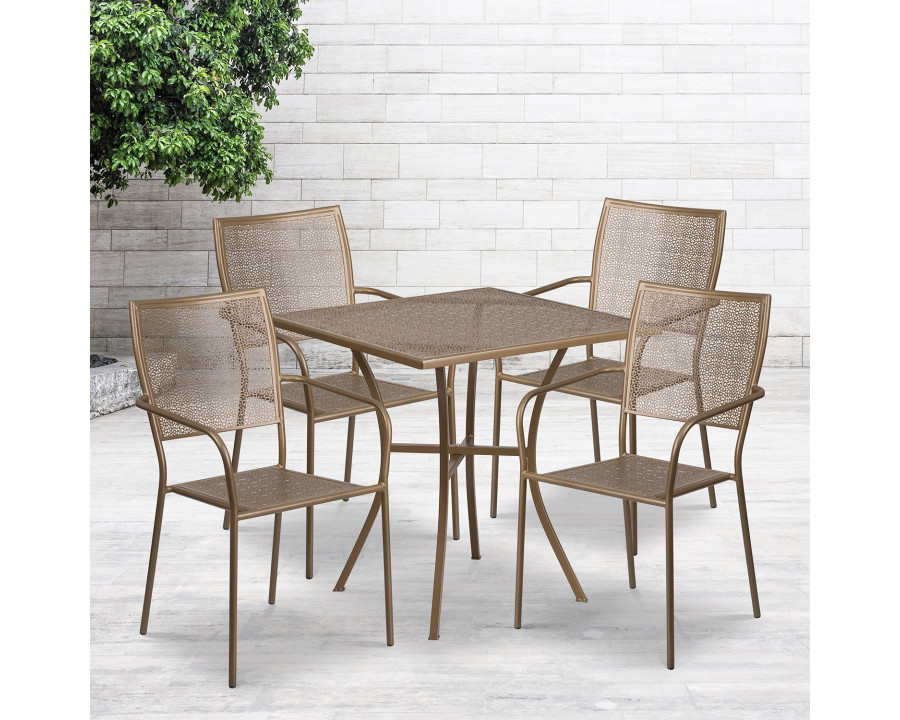 BLNK Oia Commercial Square Steel Indoor-Outdoor Patio Table Set with 4 Square Back Chairs - Gold, 28"W