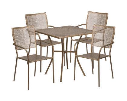 BLNK Oia Commercial Square Steel Indoor-Outdoor Patio Table Set with 4 Square Back Chairs - Gold, 28"W