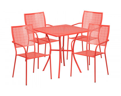 BLNK Oia Commercial Square Steel Indoor-Outdoor Patio Table Set with 4 Square Back Chairs - Coral, 28"W