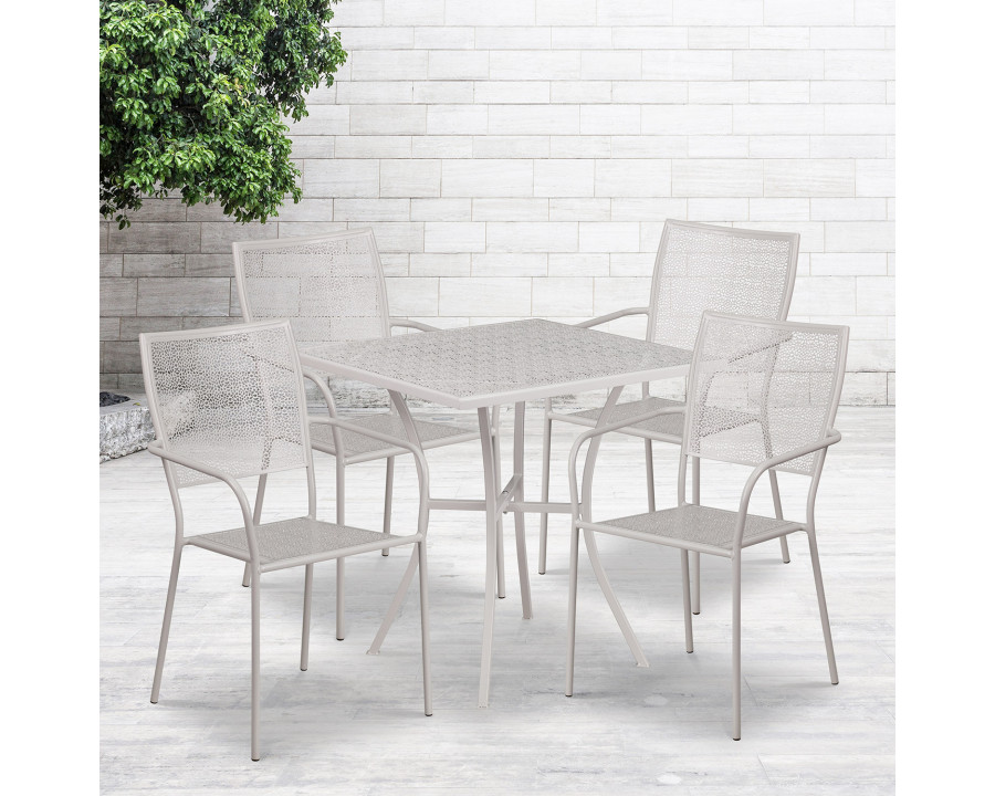 BLNK Oia Commercial Square Steel Indoor-Outdoor Patio Table Set with 4 Square Back Chairs - Light Gray, 28"W