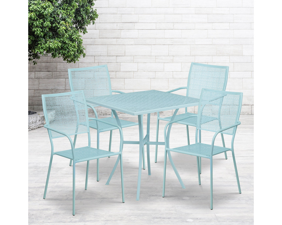 BLNK Oia Commercial Square Steel Indoor-Outdoor Patio Table Set with 4 Square Back Chairs - Sky Blue, 28"W