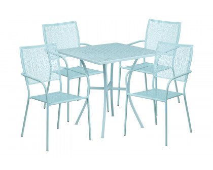 BLNK Oia Commercial Square Steel Indoor-Outdoor Patio Table Set with 4 Square Back Chairs - Sky Blue, 28"W