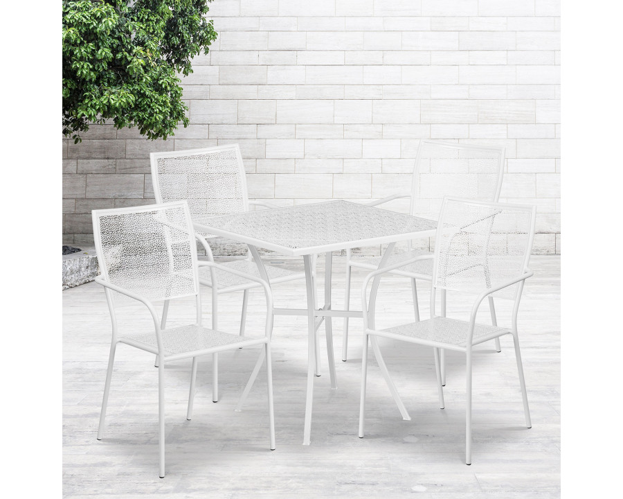 BLNK Oia Commercial Square Steel Indoor-Outdoor Patio Table Set with 4 Square Back Chairs - White, 28"W