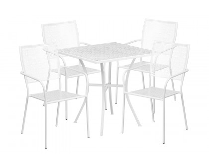 BLNK Oia Commercial Square Steel Indoor-Outdoor Patio Table Set with 4 Square Back Chairs - White, 28"W