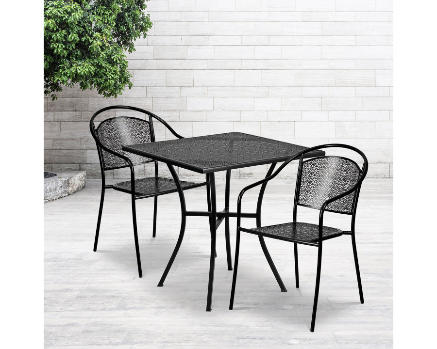 BLNK Oia Commercial Steel Indoor-Outdoor Patio Table Set with 2 Round Back Chairs - Black, 28"W