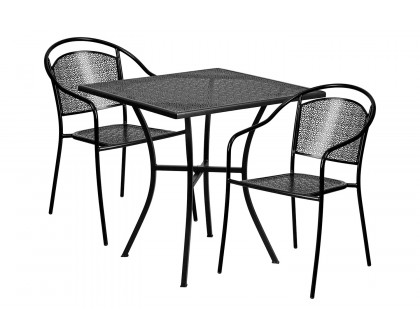 BLNK Oia Commercial Steel Indoor-Outdoor Patio Table Set with 2 Round Back Chairs - Black, 28"W