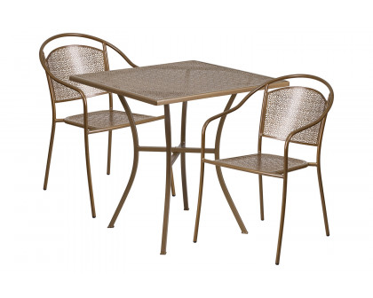 BLNK Oia Commercial Steel Indoor-Outdoor Patio Table Set with 2 Round Back Chairs - Gold, 28"W