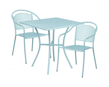 BLNK Oia Commercial Steel Indoor-Outdoor Patio Table Set with 2 Round Back Chairs - Sky Blue, 28"W