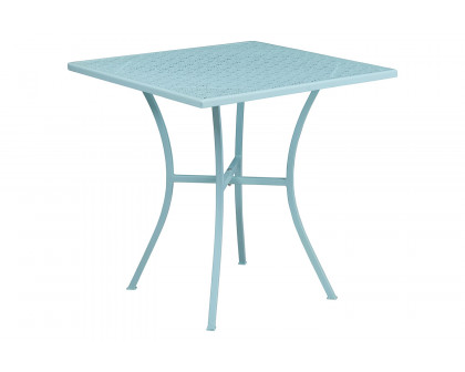 BLNK Oia Commercial Steel Indoor-Outdoor Patio Table Set with 2 Round Back Chairs - Sky Blue, 28"W