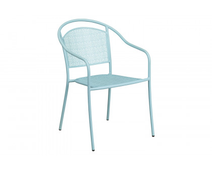 BLNK Oia Commercial Steel Indoor-Outdoor Patio Table Set with 2 Round Back Chairs - Sky Blue, 28"W