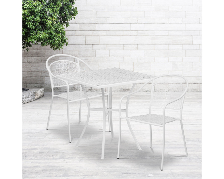 BLNK Oia Commercial Steel Indoor-Outdoor Patio Table Set with 2 Round Back Chairs - White, 28"W