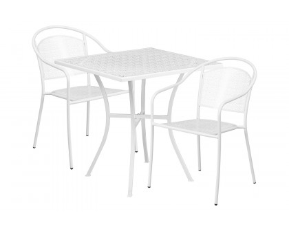 BLNK Oia Commercial Steel Indoor-Outdoor Patio Table Set with 2 Round Back Chairs - White, 28"W