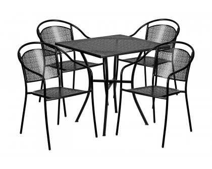 BLNK Oia Commercial Steel Indoor-Outdoor Patio Table Set with 4 Round Back Chairs - Black, 28"W