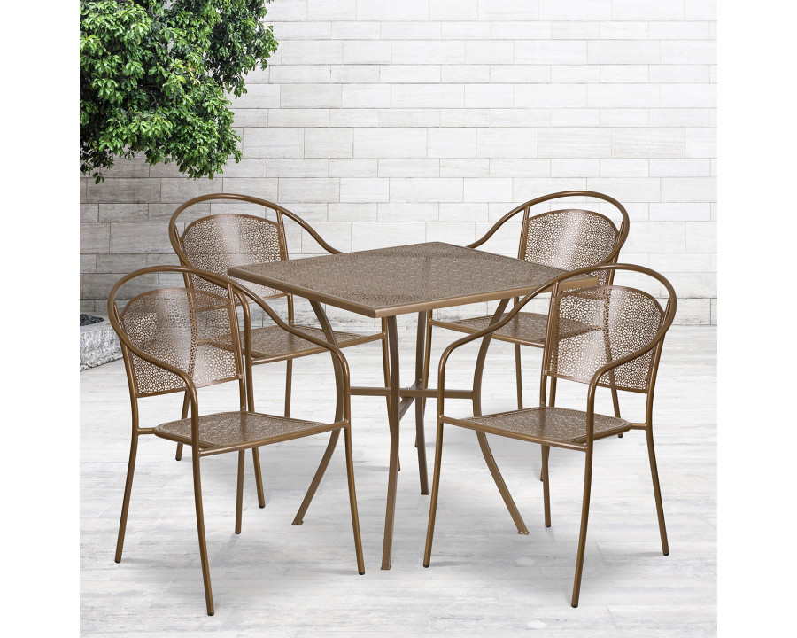 BLNK Oia Commercial Steel Indoor-Outdoor Patio Table Set with 4 Round Back Chairs - Gold, 28"W