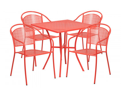 BLNK Oia Commercial Steel Indoor-Outdoor Patio Table Set with 4 Round Back Chairs - Coral, 28"W