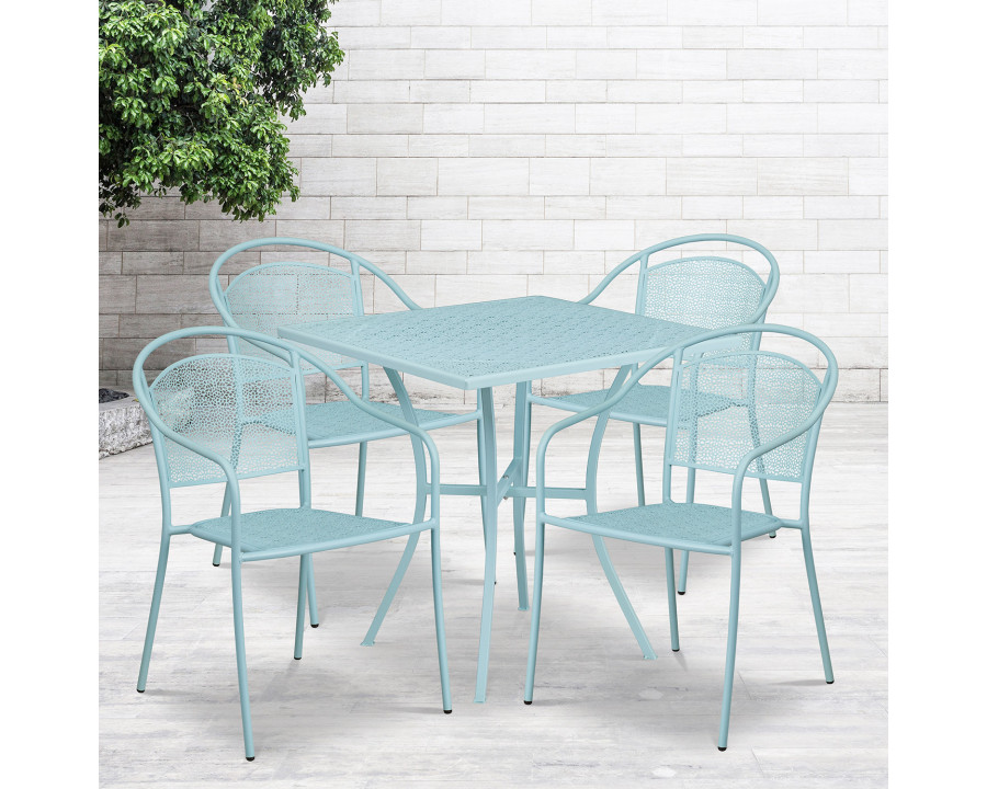 BLNK Oia Commercial Steel Indoor-Outdoor Patio Table Set with 4 Round Back Chairs - Sky Blue, 28"W