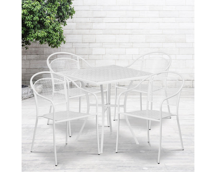 BLNK Oia Commercial Steel Indoor-Outdoor Patio Table Set with 4 Round Back Chairs - White, 28"W